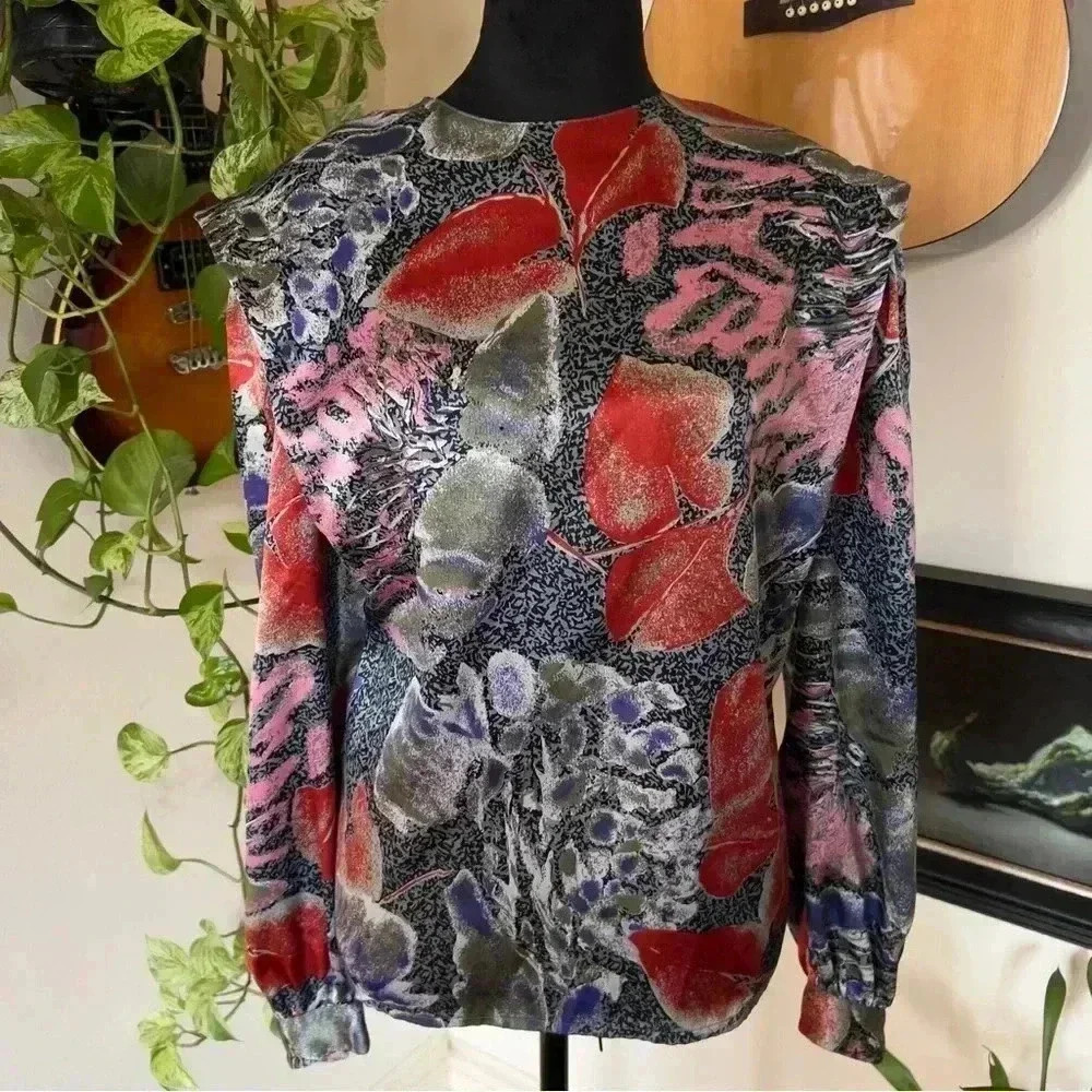 Vtg Tess 80s 90s Futuristic Print Blouse - Size 10